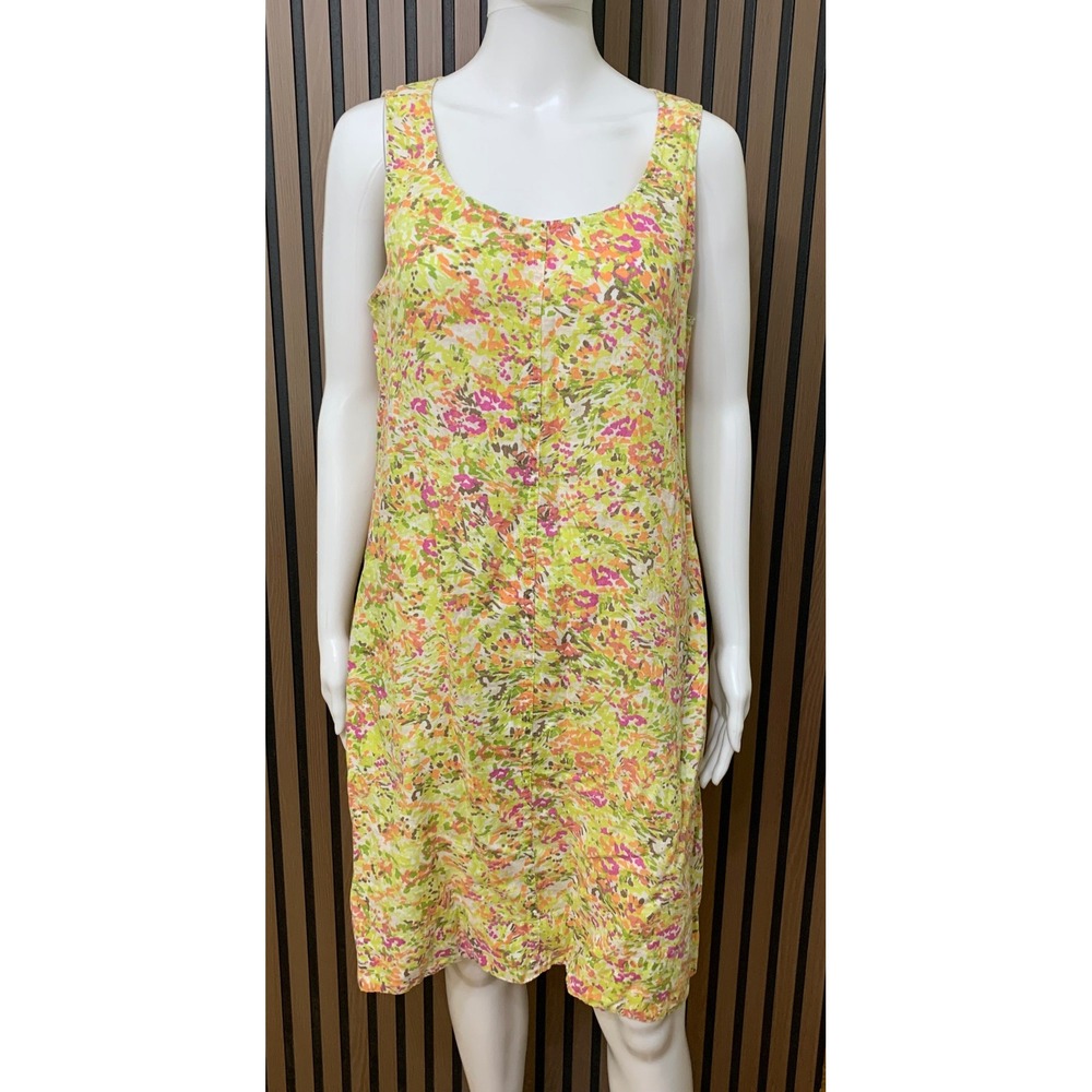 J. Jill Love Linen Floral Shift Dress Womens Medium Green Pink Orange 100% Linen